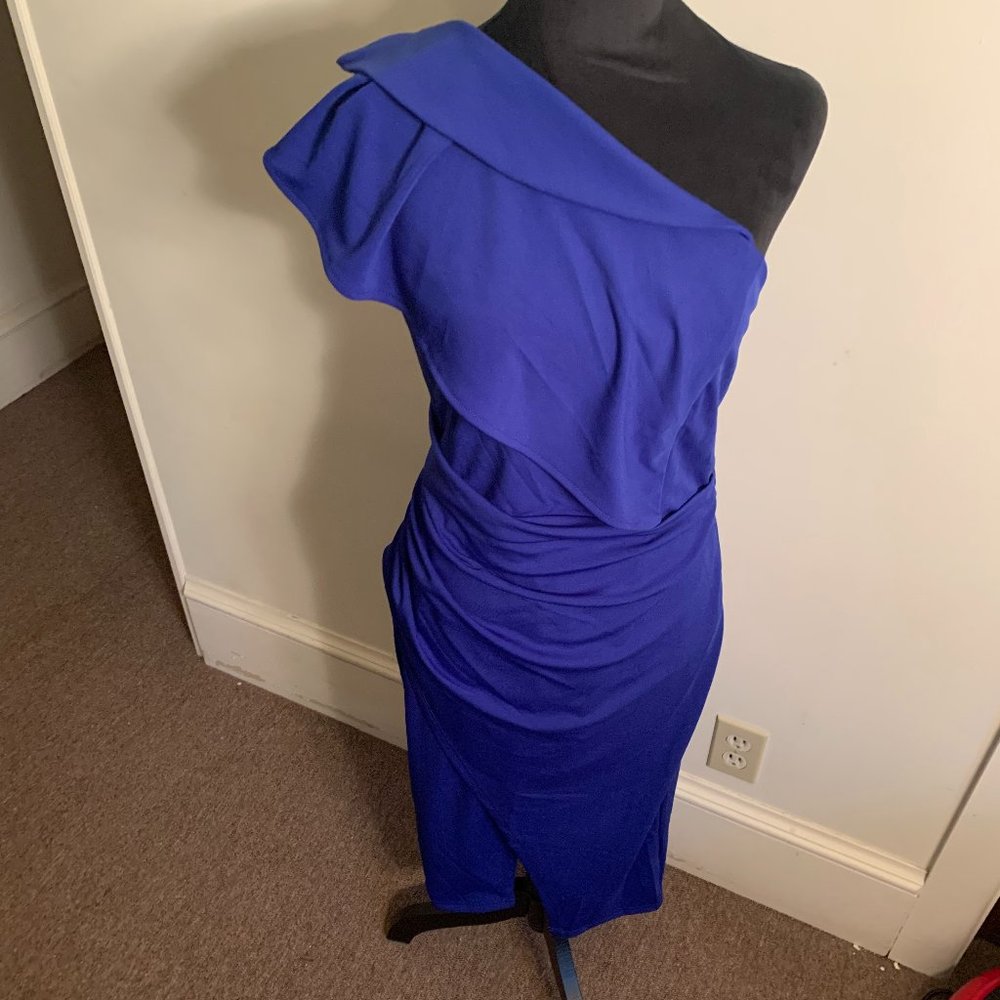 Gentle Warm Royal Blue Size L (US 12/14) One Shoulder Ruched Asymmetrical Midi